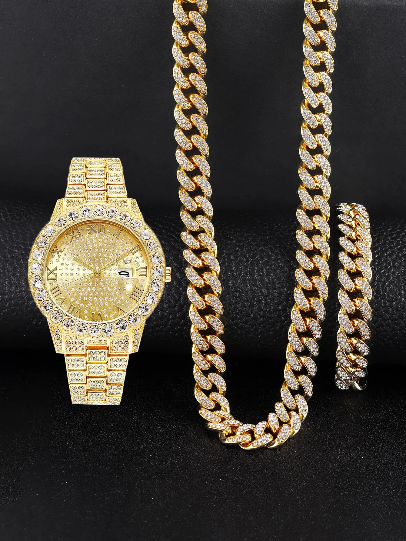 3PCS luxury alloy full diamond rhinestone mirror men's quartz watch with calendar and Hip Hop Cuban Necklace bracelet set