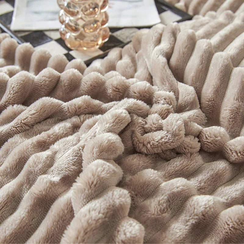 Solid Color Fluffy Blankets Thickened Wide Striped Blanket Soft Warm Sofa Bed Sheet Cover Chunky Nap Blanket Home Bedroom Decor
