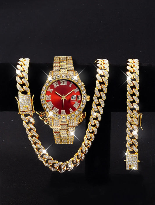 3PCS luxury alloy full diamond rhinestone mirror men's quartz watch with calendar and Hip Hop Cuban Necklace bracelet set